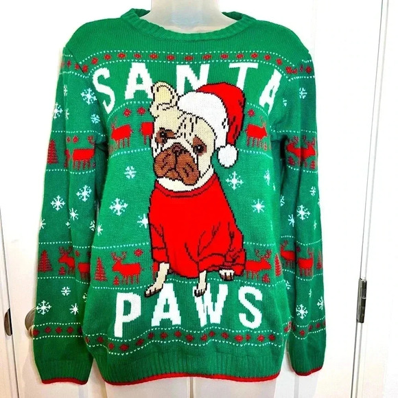 Holiday Time Ugly Christmas Sweater Green French Bulldog Santa Paws Dog XL - Picture 1 of 7